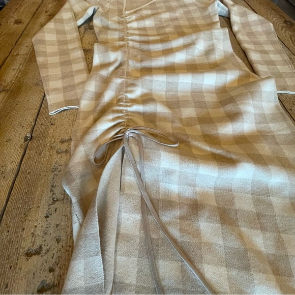 Naadam Knit Sweater Dress Small Beige Gingham Long Sleeve Bodycon Cashmere - Picture 4 of 8